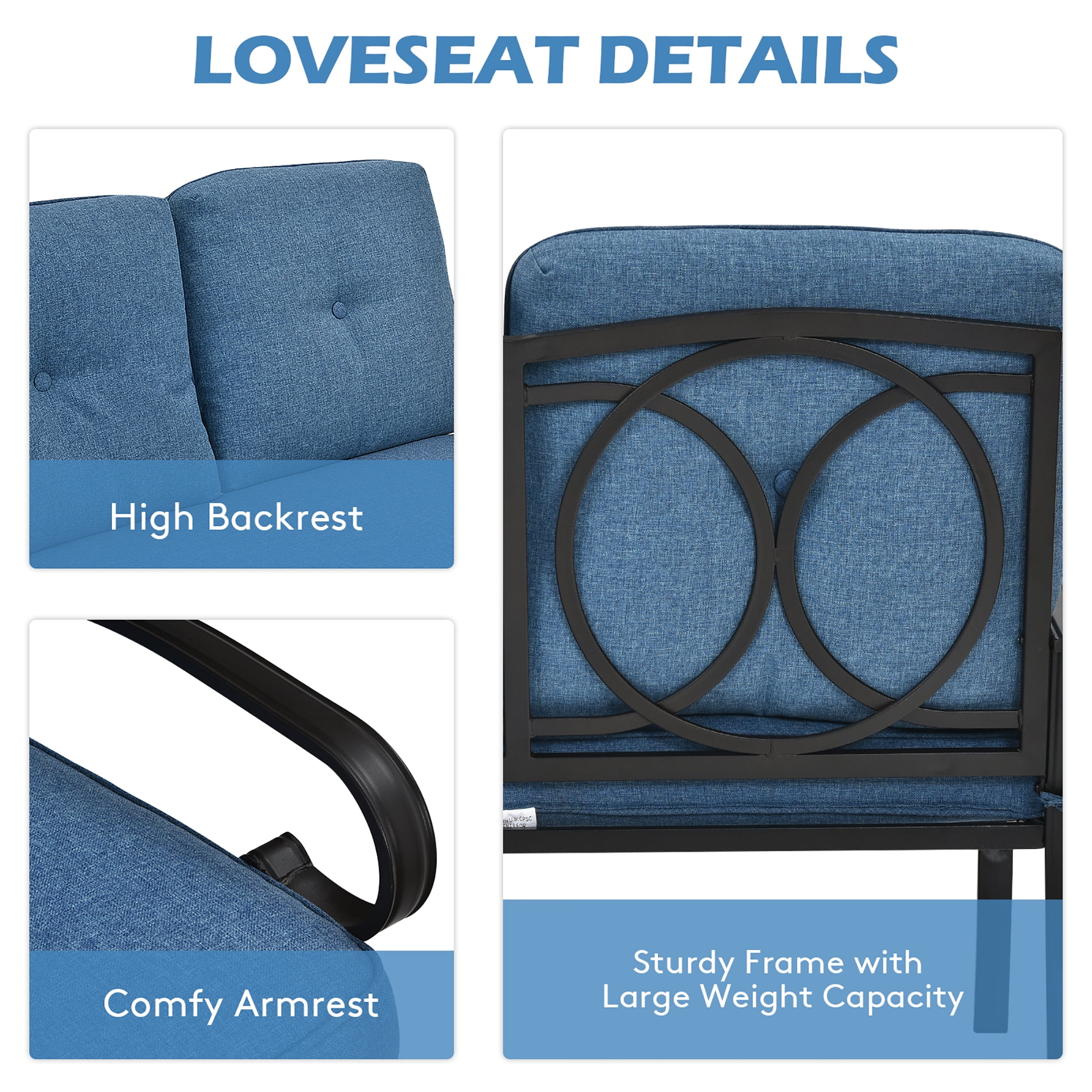 Costway 2PCS Patio Loveseat Bench Table Furniture Set Cushioned Chair Blue