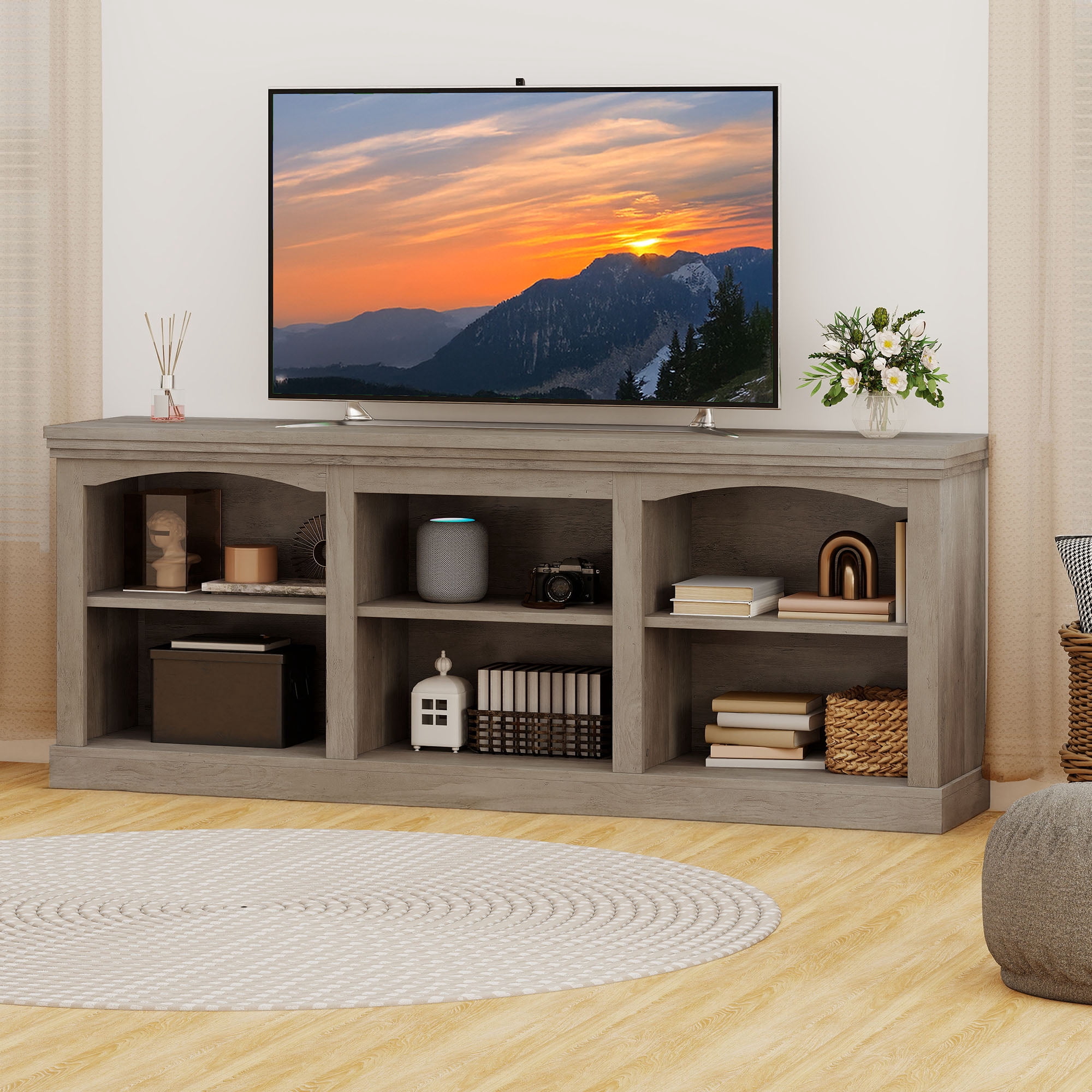Uforic TV Stand for 80 Inches TV, Farmhouse Entertainment Center with Adjustable Shelf & Storage Cabinets, Washed Gray