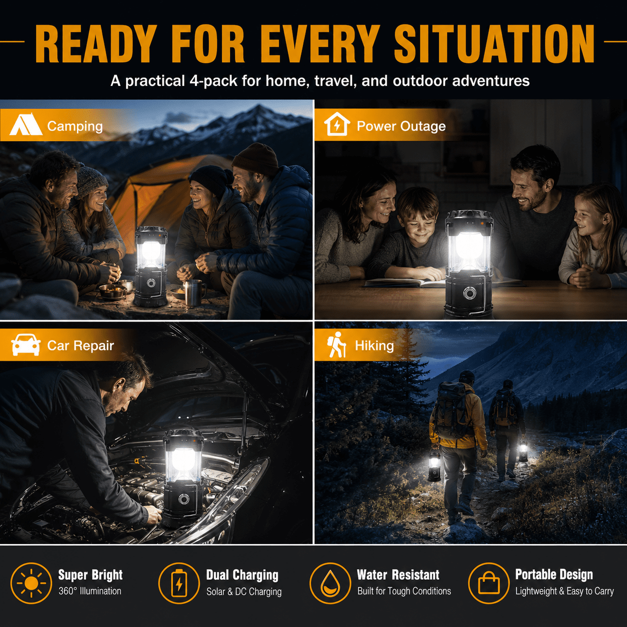 BEEPRINCESS 4 Pack LED Camping Lantern, Solar and Rechargeable Lantern Flashlight Collapsible and Portable Light for Camp/Hiking/Emergency/Hurricanes/Storm