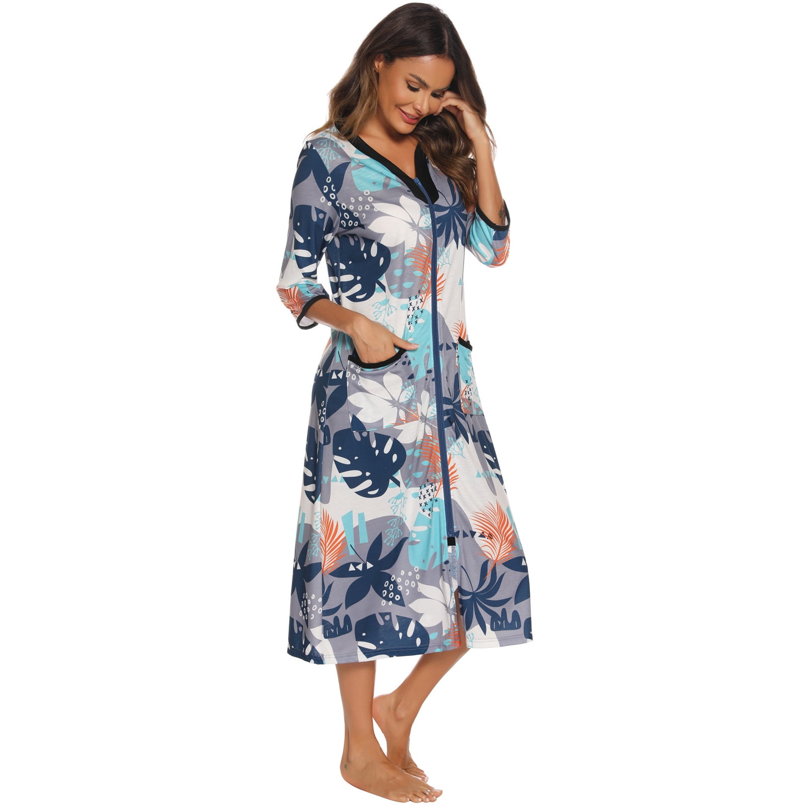 Womens Robes, LOFIR House Dresses for Elderly Women, Summer Robe for Women Lightweight with Pocket, Long Zip Up House Coat 3/4 Sleeve Moomoo Nightgowns Loungewear Gift for Women, Leaves, XL