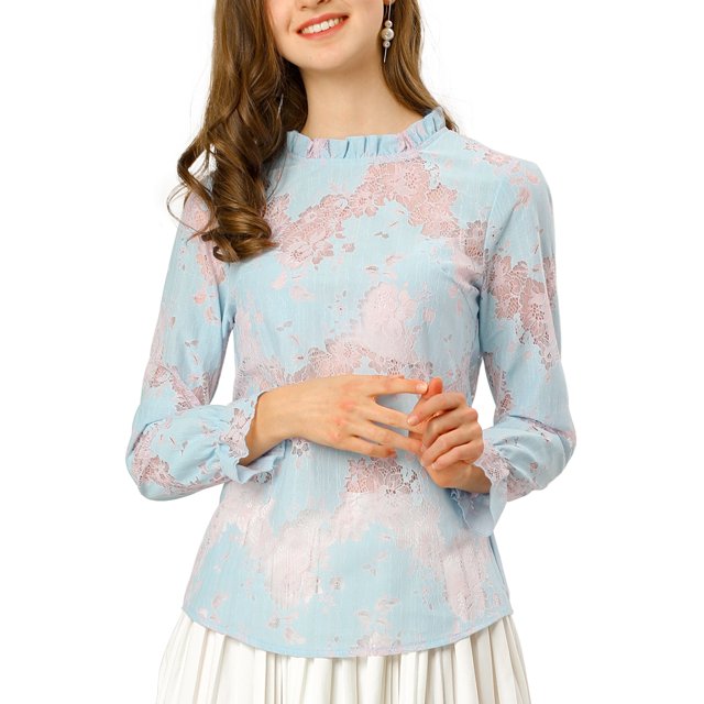 Unique Bargains Blouse à Col à Volants en Dentelle Crochetée pour Femmes