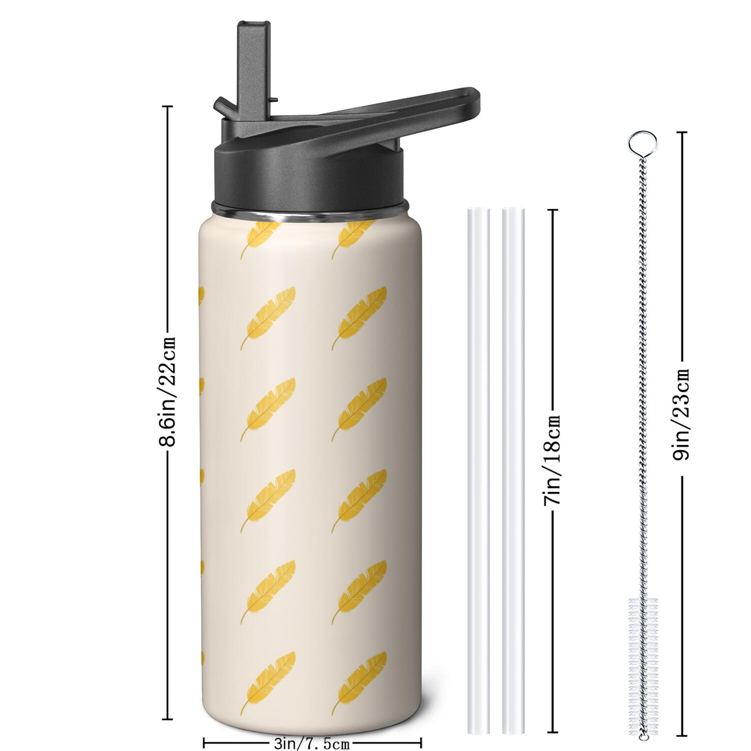 Modern 18 oz Insulated Stainless Steel Water Bottle with Straw & Cleaning Brush , Leakproof, BPA-Free, 304 Stainless Steel, Wide Mouth, Travel Mug for Car, Gym, Office