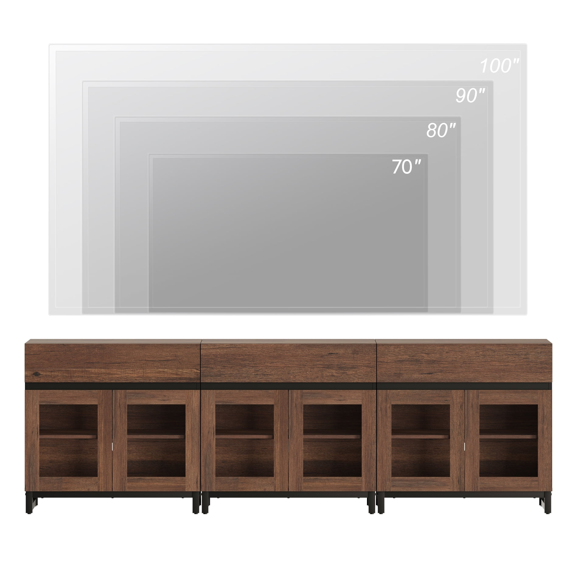 WAMPAT 3-in-1 Modern TV Stand with Glass Doors & 3 Drawers, Metal Base Entertainment Center for 110 Inch TVs, Media Console for Living Room & Bedroom