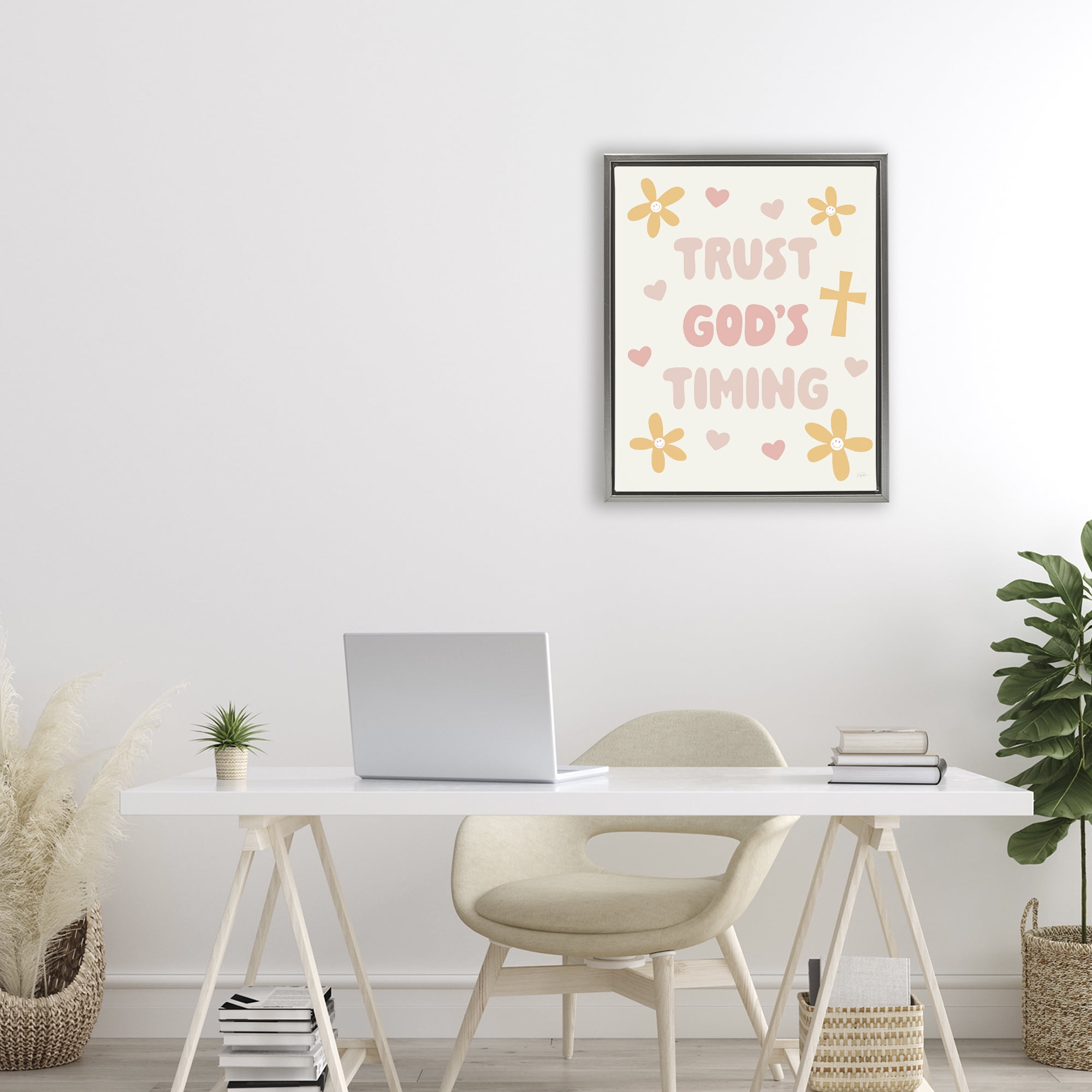 Stupell Industries Retro Trust God's Timing Gray Framed Floater Canvas Wall Art, design by Natalie Carpentieri