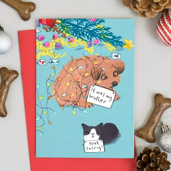 Funny Holiday Card Featuring Dogs – “It Was My Brother” and “Not Sorry” Message – Envelope Included, Blank Inside – Perfect for Dog Lovers and Holiday Greetings