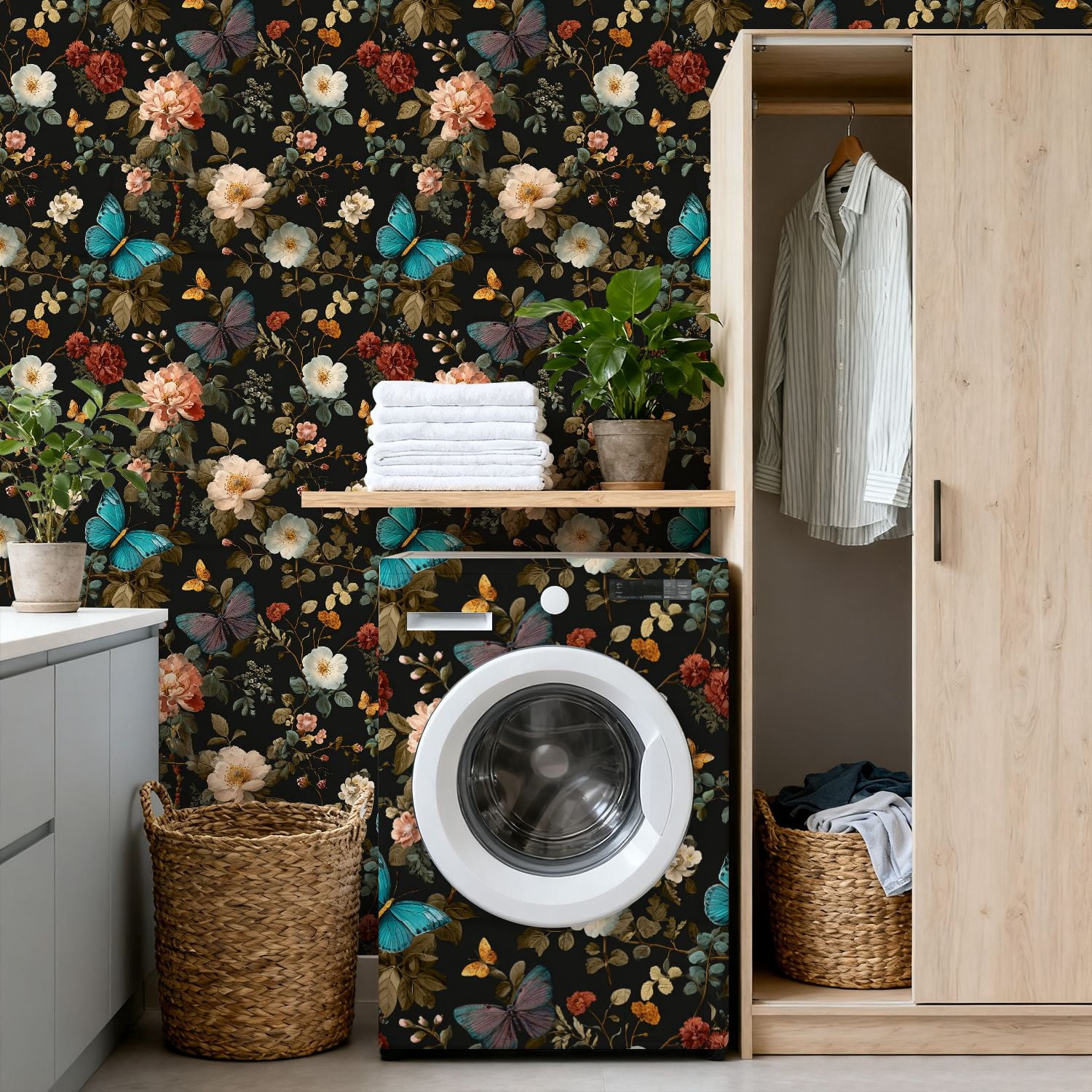 Peel and Stick Wallpaper Elegant Floral Butterfly Dark Vibrant Roses Colorful Butterflies 17.7in x 118in Contact Paper Removable Self Adhesive Wall Mural Wall Decor for Bedroom Kitchen Cabinets