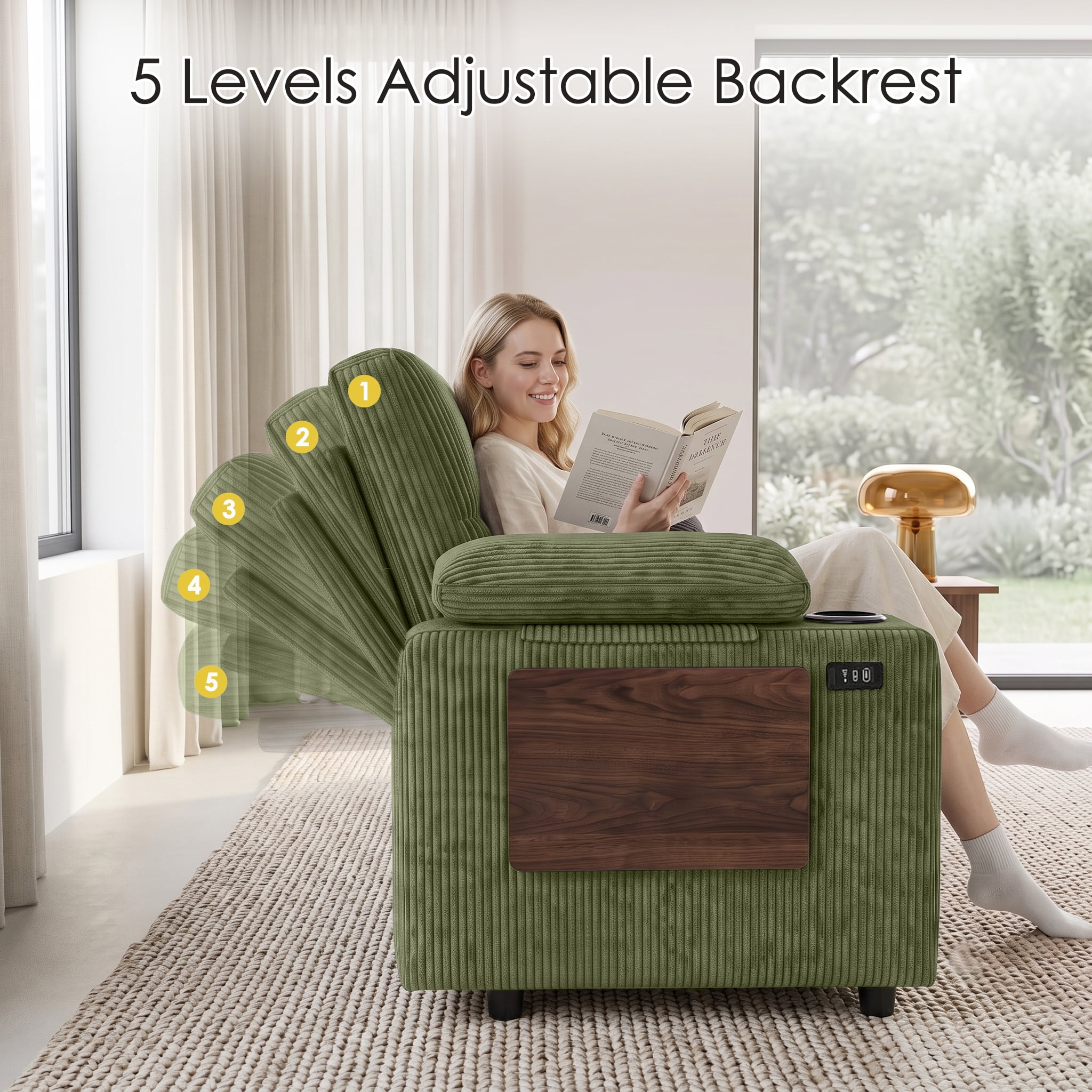 58" Convertible Sleeper Sofa Bed, Full Size Pull Out Couch with USB Charging, Cup Holders, Side Table, Adjustable Backrest, Corduroy Loveseat for Living Room, Apartment, Office (Green)