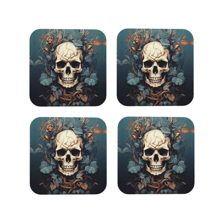 

Leather Coasters Set of 4 - Vintage Leaf Flower Skull Lightweight Non-Slip Drink Coasters for Desk Anti-Scalding Desk Cup Coasters for Office Table Decor Square