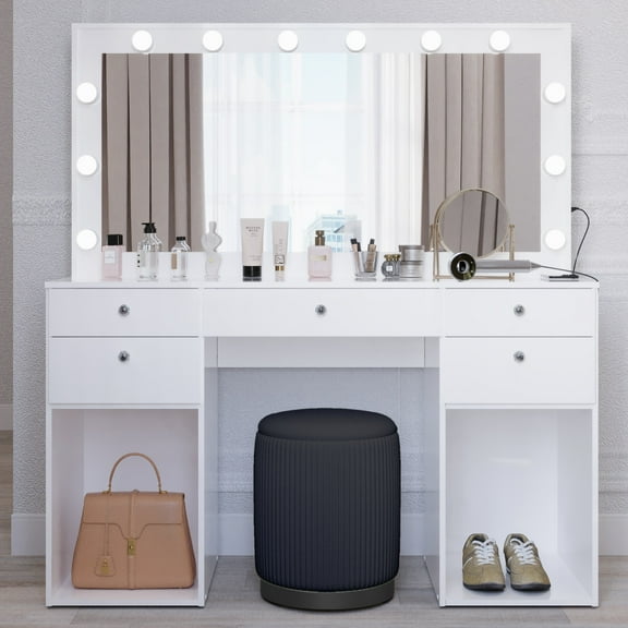 Boahaus Amira Large White Makeup Vanity with Lights, Mirror, Glass Top & Storage Stool