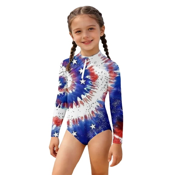 Weebloom Toddler Girl Swimsuit One Piece American Flag Patriotic Swimwear Long Sleeve Rash Guard With Full Zip Front Holiday Print Bathing Suit Size 3-4 Years