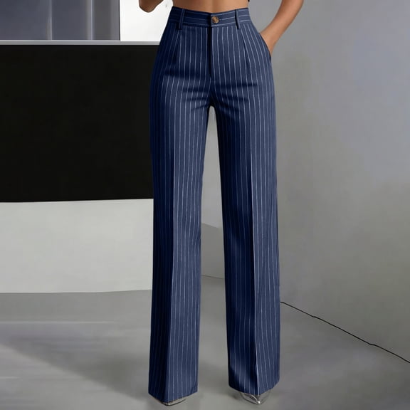 Cagogo Womens Striped Wide Leg High Waisted Pants with Pockets Elegant Office Work Trousers Long Casual Flowy Palazzo Pants for Beach Travel Lounge, Navy 2XL