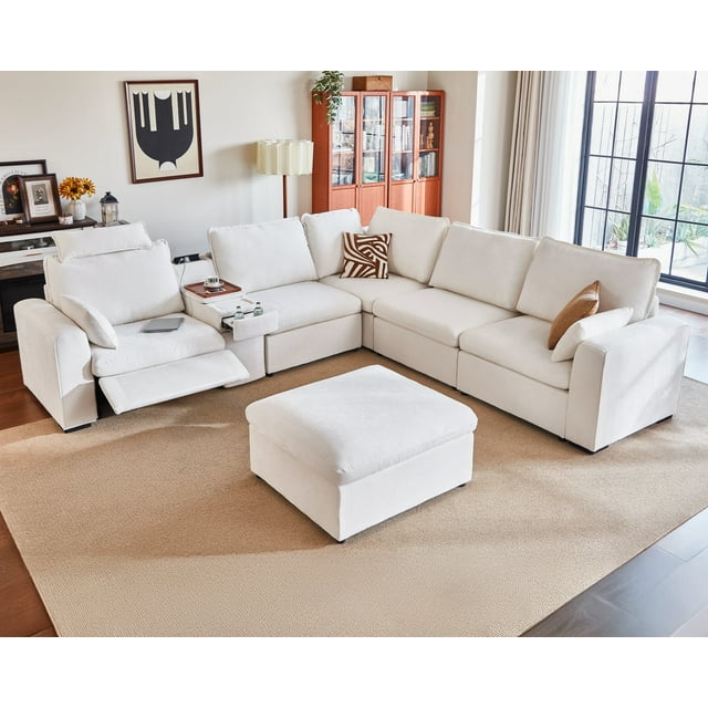 BEDEEP Canapé Inclinable Électrique 133,9 Pieds' avec Console d'Appui-tête, Canapé Sectionnel en Chenille Moduar Cloud avec Ottoman de Rangement, Canapé Convertible 6 Places pour Salon RV, Blanc