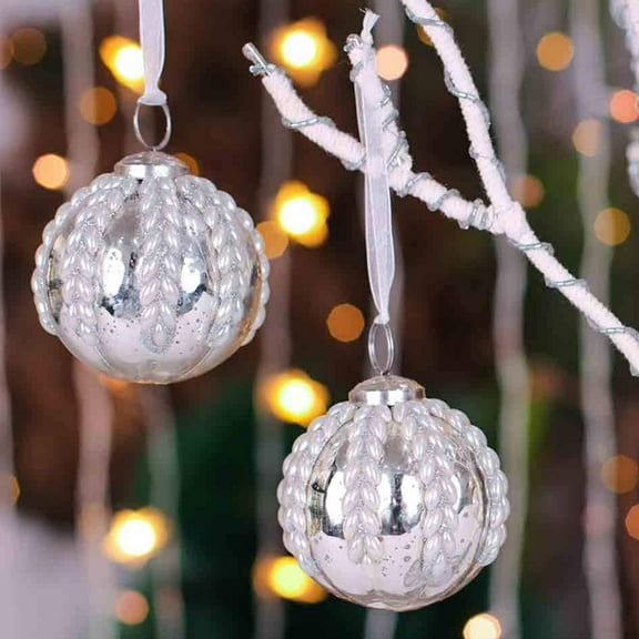 Timeless Classic Glass Tree OrnamentColor: Silver & CreamSize: 3"x3"x3"Boxed Set of 4