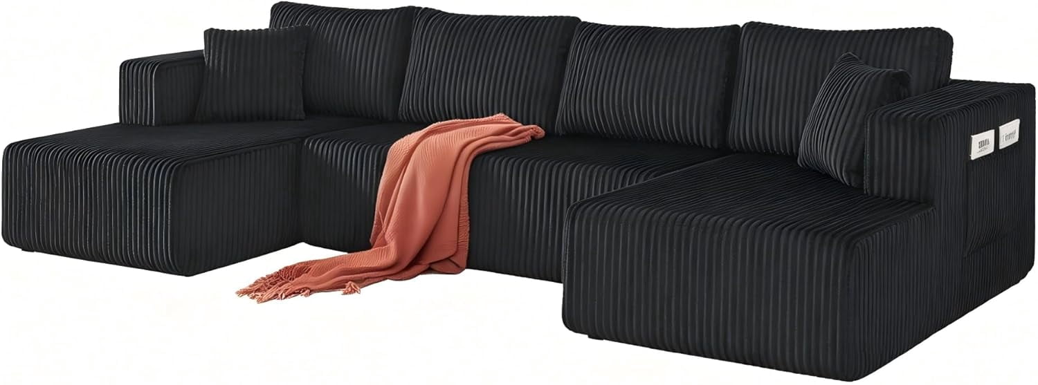 Howcool 132" Boneless Cloud Sectional Couches for Living Room, U Shaped Couch with Deep Seat Chaise, High Density Foam Compression Sofa, Modular Corduroy Sleeper Sofa Bed,No Assembly,Black