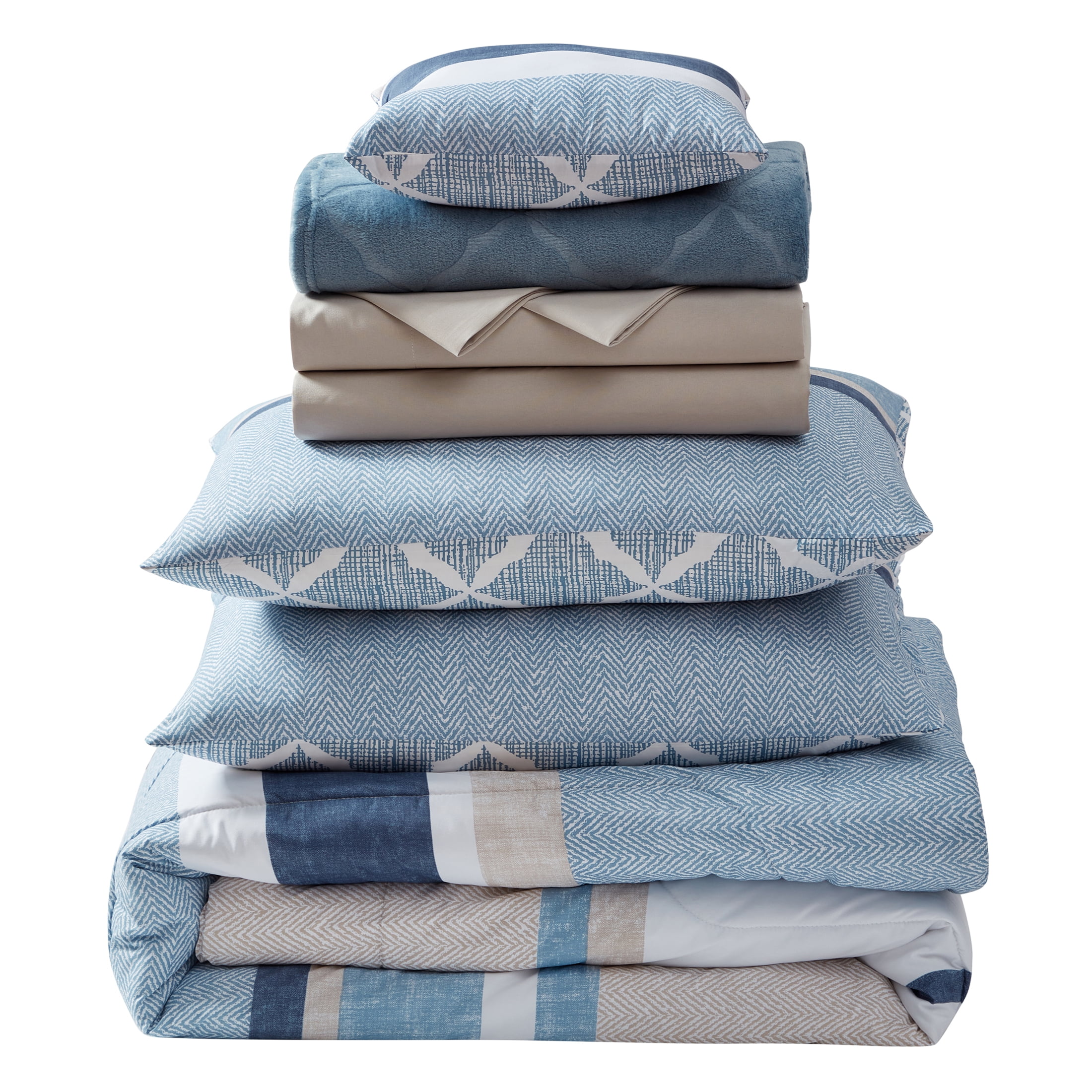 VCNY Home Stripe 9-Piece Blue/White Striped Polyester Bed in a Bag, Full