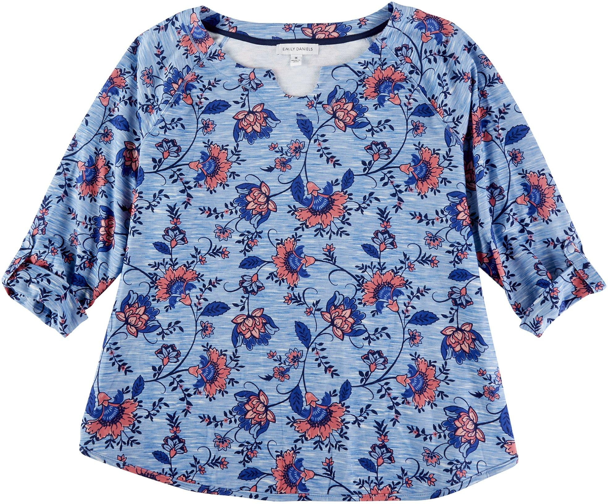 Emily Daniels Clothing Brand Tops Emily Daniels Plus Split Neck Cuffed Top 1X Blue/pink - Walmart.com