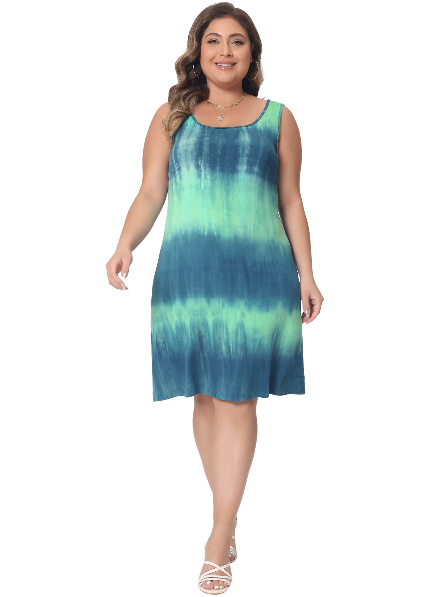 DARING DIVA Women's Plus Size Tie Dye Sleeveless Sundress Tank Dress 3X Blue Green