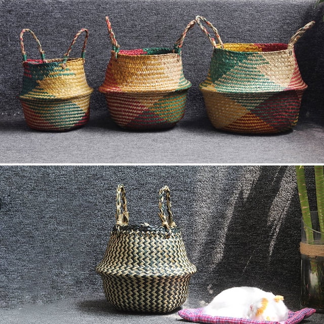 Folding Straw Wicker Storage Basket - Handle Garden Flower Pot Planter Laundry Bag