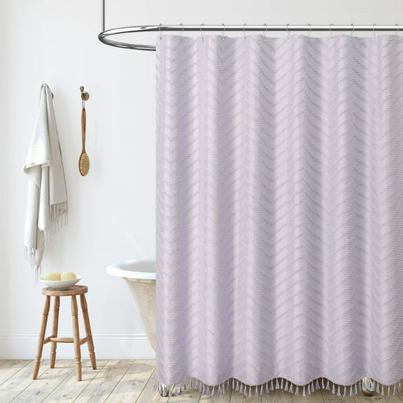 Farmhouse Shower Curtain, Tufted Striped Textured Tassel Shower Curtains for Bathroom, Minimalist Ruffled Cloth Shower Curtain Set with Hook, 72x72
