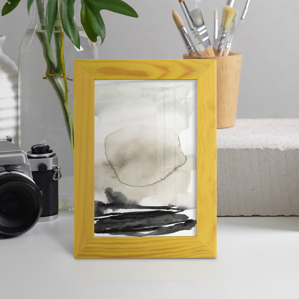 Ebony Horizon Triptych II - Framed Print w/glass - Sunflower Yellow