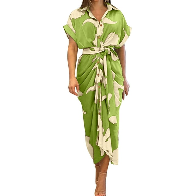 Kcodviy Robe d'Été Ajustée Élégante à Imprimé Floral pour Femmes Taille Haute Col Montant Courte Robes d'Été de Travail Robe Chemise à Manches