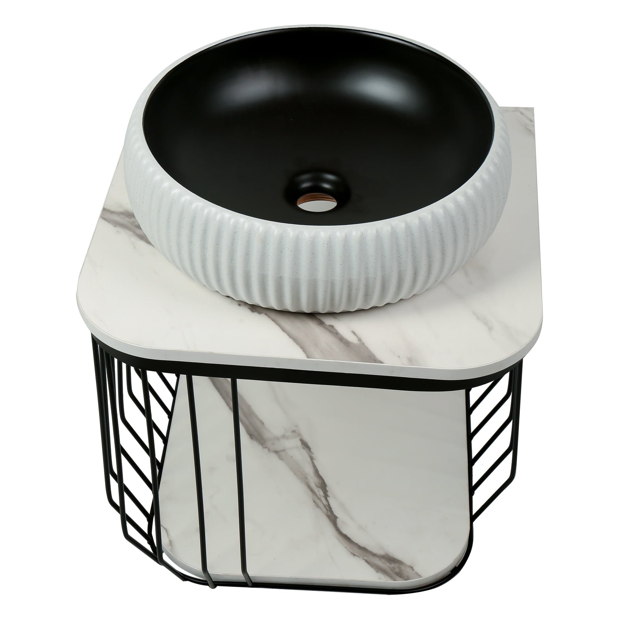 Fine Fixtures Dumbo 20" Modern Wall-Mounted Vanity with Black Metal Frame and Marble-Look Top, Compact Open-Frame Design with 16" Round Vessel Sink