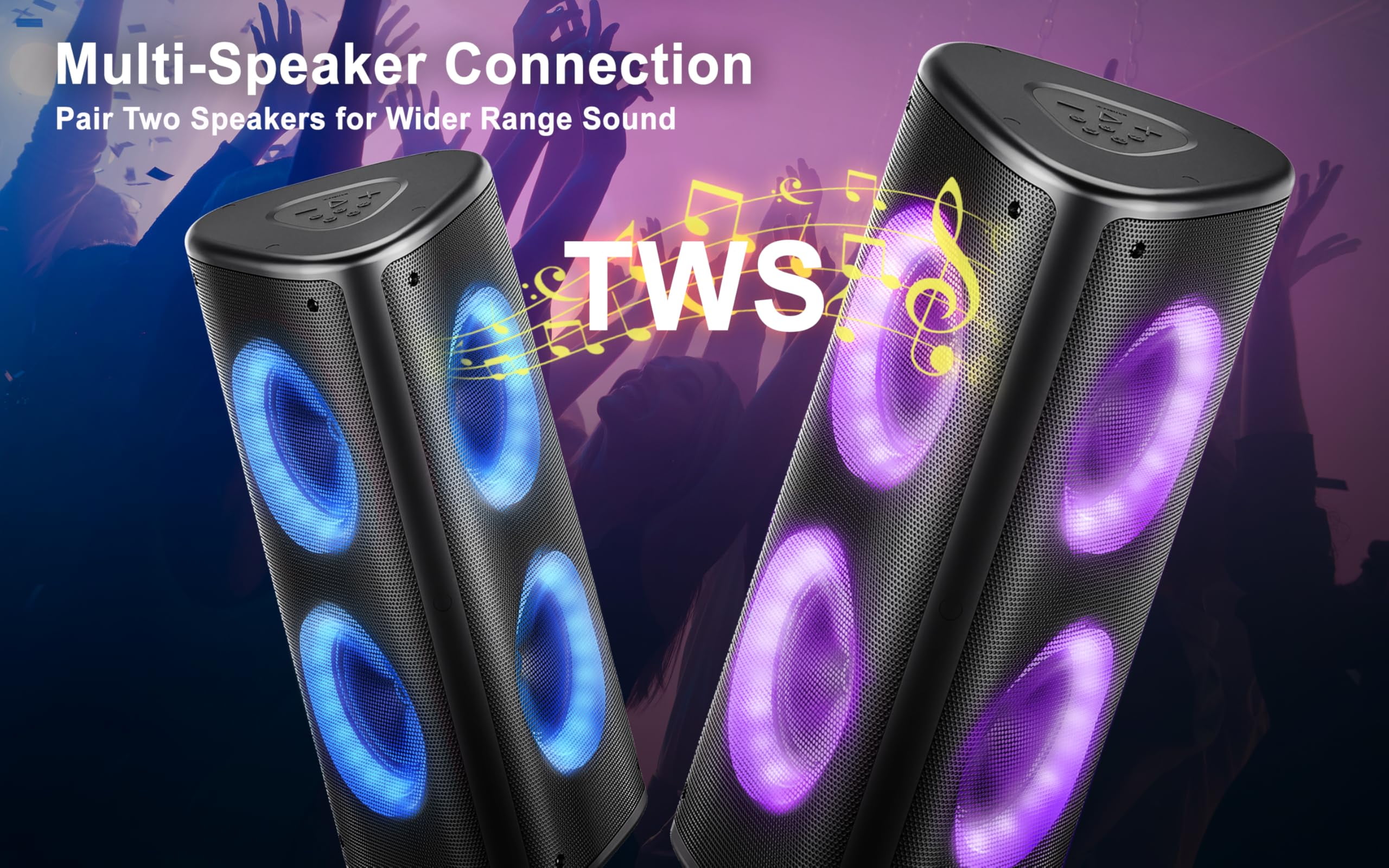 Fisher Bluetooth PA Speaker Stereo System -Karaoke Portable Wireless DJ, Quad Triangle 6.5" 80W Peak Power Speaker, Loud HD Sound & LED Lights, Rechargeable, TWS, USB, FM Radio,Indoor & Outdoor Party