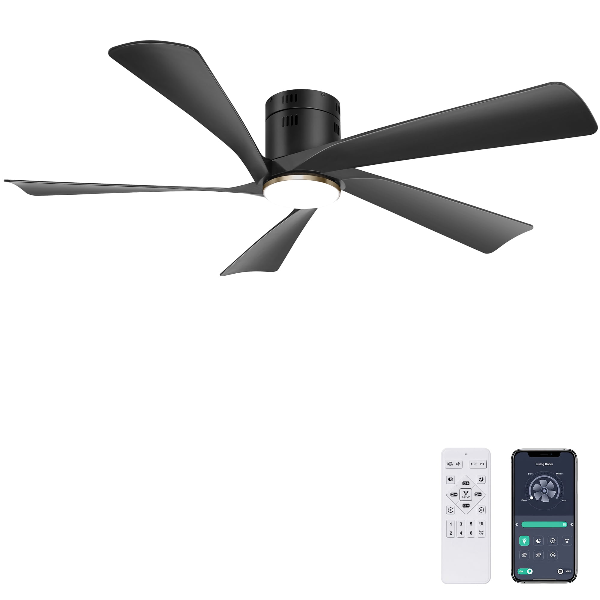 Ohniyou 52" Low Profile Ceiling Fan with Lights and Remote & APP Control Modern Flush Mount Indoor Outdoor Ceiling Fans, Dimmable, Silent DC Motor, Reversible, Black
