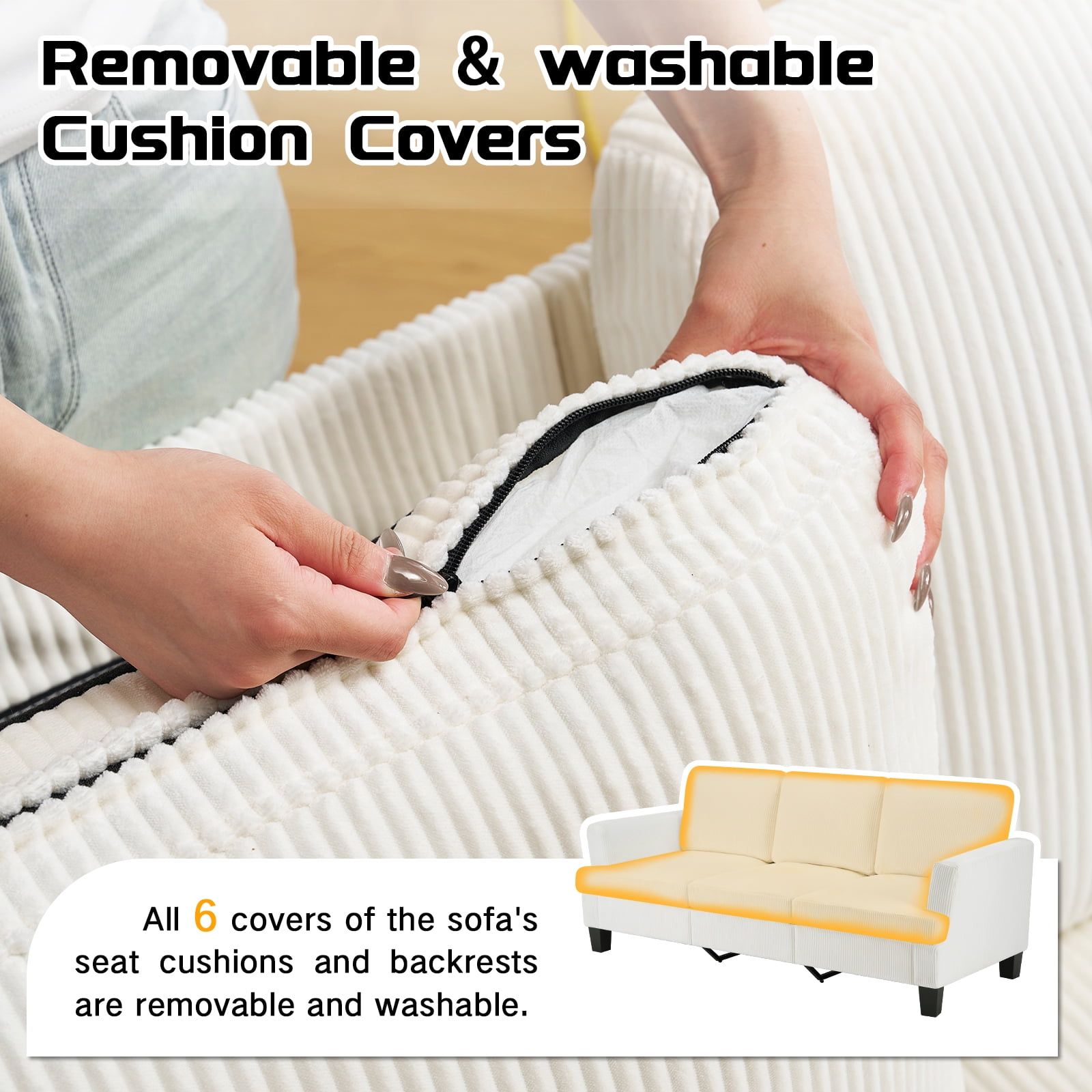 3 Seater Sofa, 84"W Corduroy Sofa with Extra Deep Seats, Modern Comfy Couch for Living Room, White