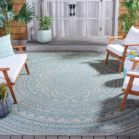 SAFAVIEH Courtyard Josiah Floral Medallion Indoor/Outdoor Area Rug, 6'7" x 6'7" Square, Light Grey/Aqua