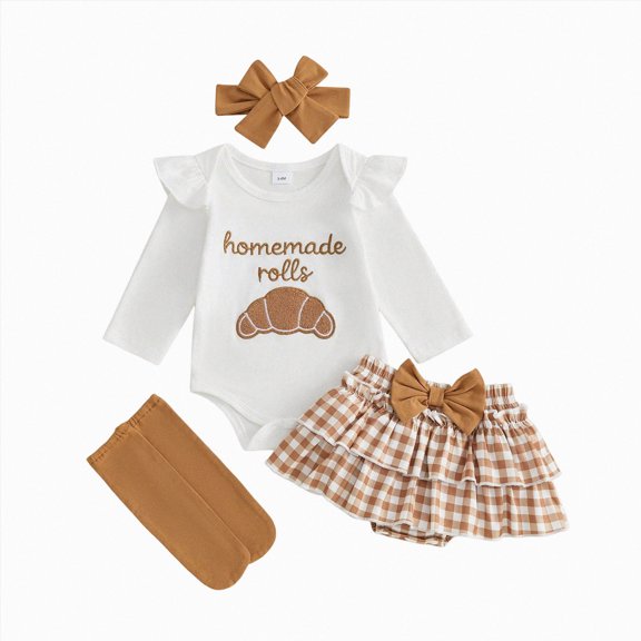 Gubotare My First Thanksgiving Baby Girl Outfit Turkey Romper Ruffle Layered Shorts Headband Socks Cute Fall Clothes (White, 0-3 Months)