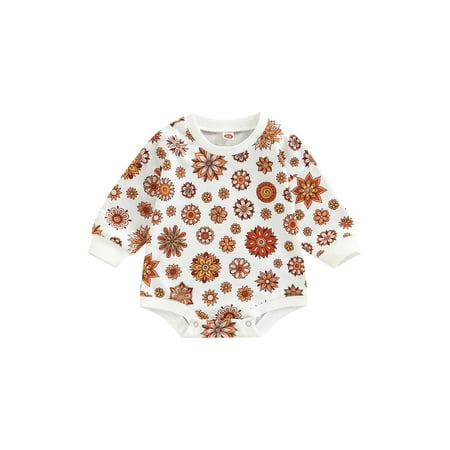 

One opening Toddlers Baby Girl Boy Sweatshirt Romper Floral Print Crew Neck Long Sleeve Snaps Jumpsuit 0-24M