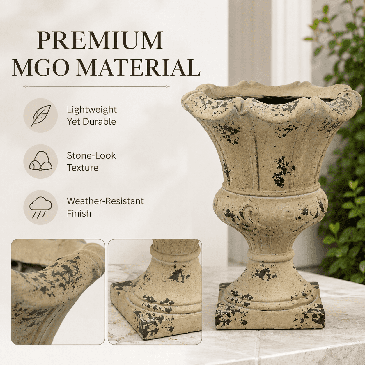 Aukfa Large MGO Garden Urn Planter, Outdoor Tall Decorative Stone-Look Flower Pot with Drainage Hole & Weather-Resistant, White