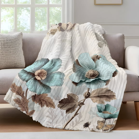 Retro Mallow Flowers Fleece Throw Blanket for Couch, Spring Floral Butterfly Elegant Microfiber Flannel Blanket for All Season, Lightweight Soft Throw Blankets for Bed, Sofa, Travel, 50"x60"