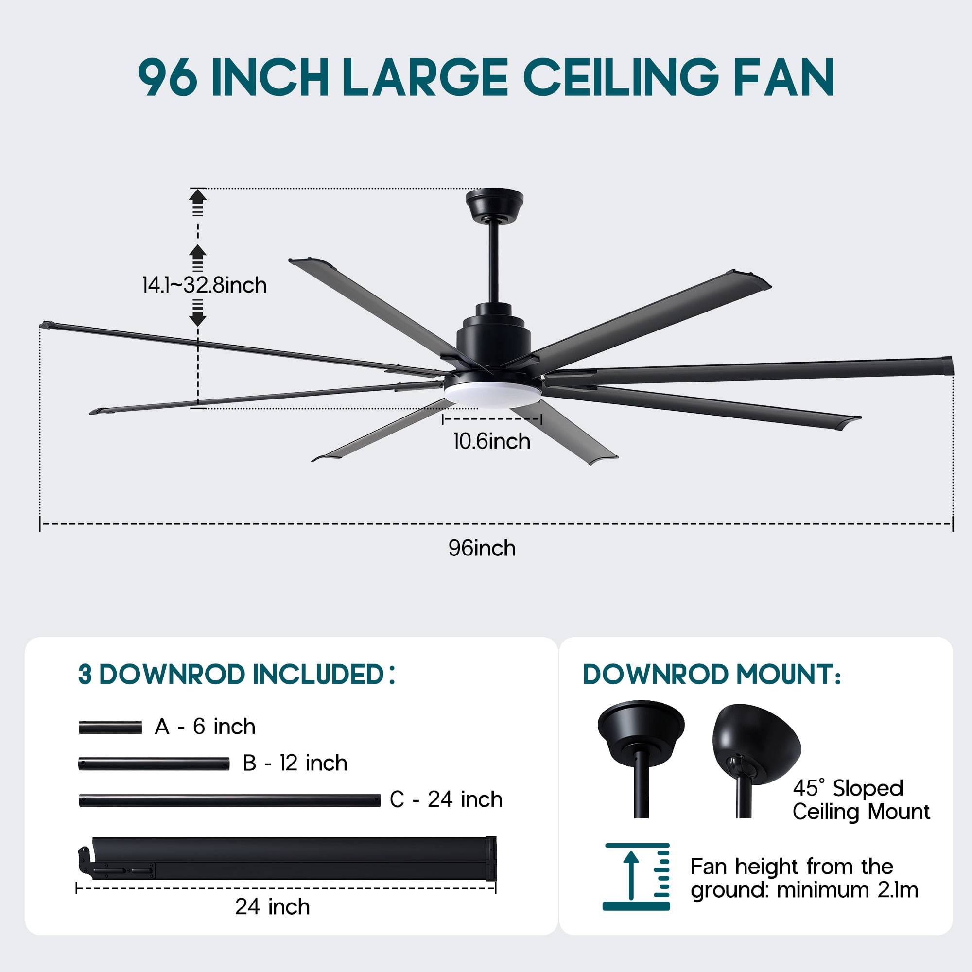 Jocisland 96 in Ceiling Fan with Light, 8-Blade Large Ceiling Fan with Remote, 6-Speed Reversible DC Motor, Dimmable 3-Color LED for Living Room