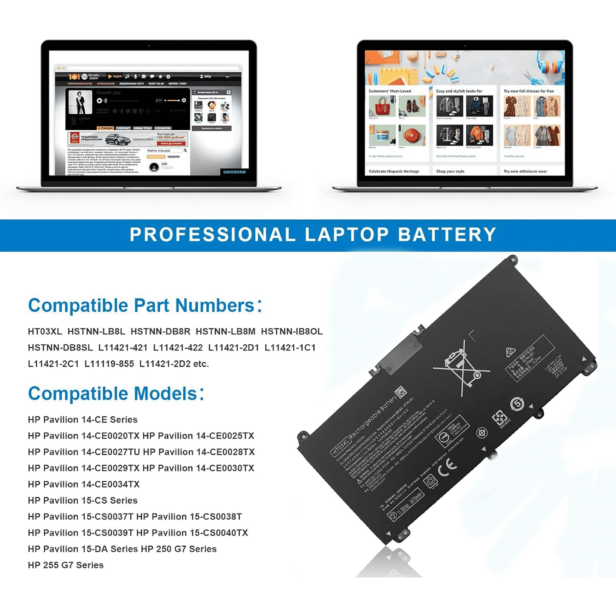 HT03XL HTO3XL L11119-855 Laptop Battery for HP  Pavilion 14-CE 14-CF 14-DF 15-CS 15-DA 15-DB 15-DW 17-BY  17-CA Series 15-CS0053CL 15-DW0033NR 15-DB0004DX  15-DA0014DX