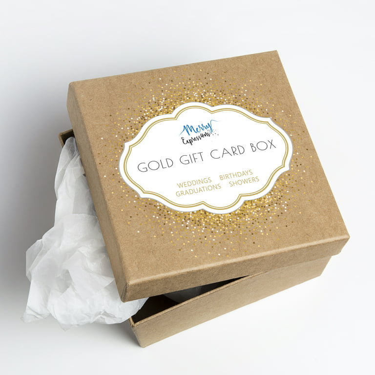 Merry Expressions Gold Card Box with Gold Foil Satin Ribbon & Cards Label.  A Large Card Holder Gift Box Size 10x10x10