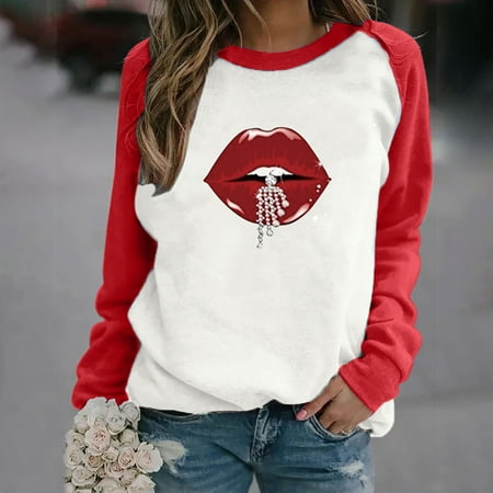 

Simplmasygenix Hoodies for Women Plus Size Ladies Fashion Casual Raglan Pullover Casual Lip Print Fleece Sweatshirt Long Sleeve Ladies Top