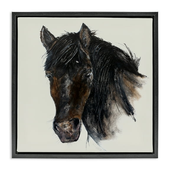 Stupell Industries Paint Stroke Black Horse Animals Painting Black Floater Framed Canvas Art Print Wall Art, 18 x 18