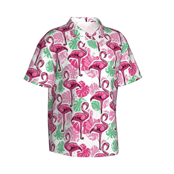 Lsque Flamingo pattern Hawaiian Shirt for Men, Unisex Summer Beach Casual Short Sleeve Button Down Shirts-Small