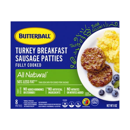 Butterball All Natural Fully Cooked Turkey Breakfast Sausage Patties, 8 Patties