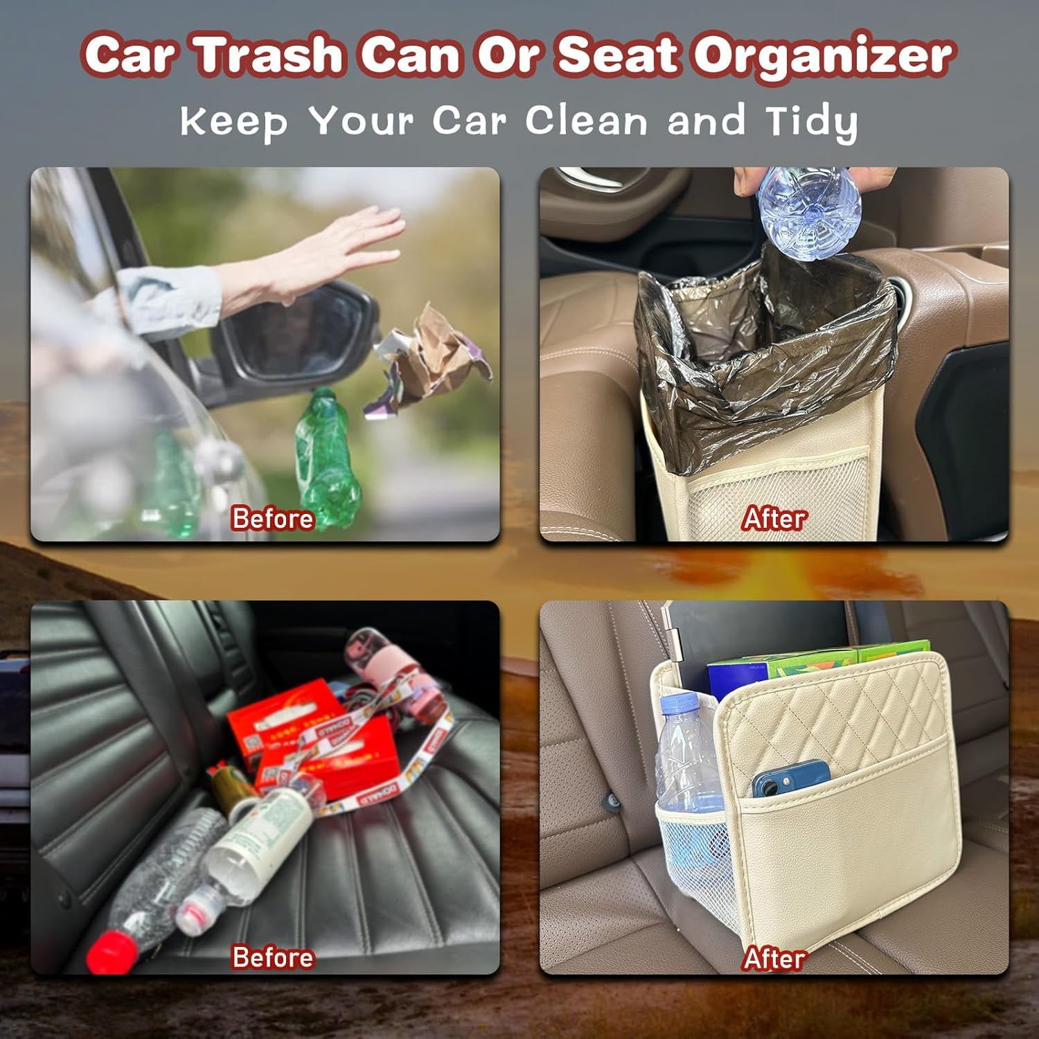 Witaxima Beige Car Trash Bag Hanging, 2.14 Gal Car Trash Can with Storage Pockets, PU Leather Backseat Organizer for Cars, SUVs, Trucks