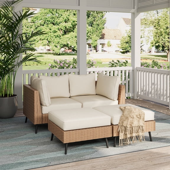 KAMEROUT 4 Pieces Outdoor Furniture Set, Patio Rattan Sectional Conversation Set with 2 Chairs and 2 Ottomans, Beige Cushions