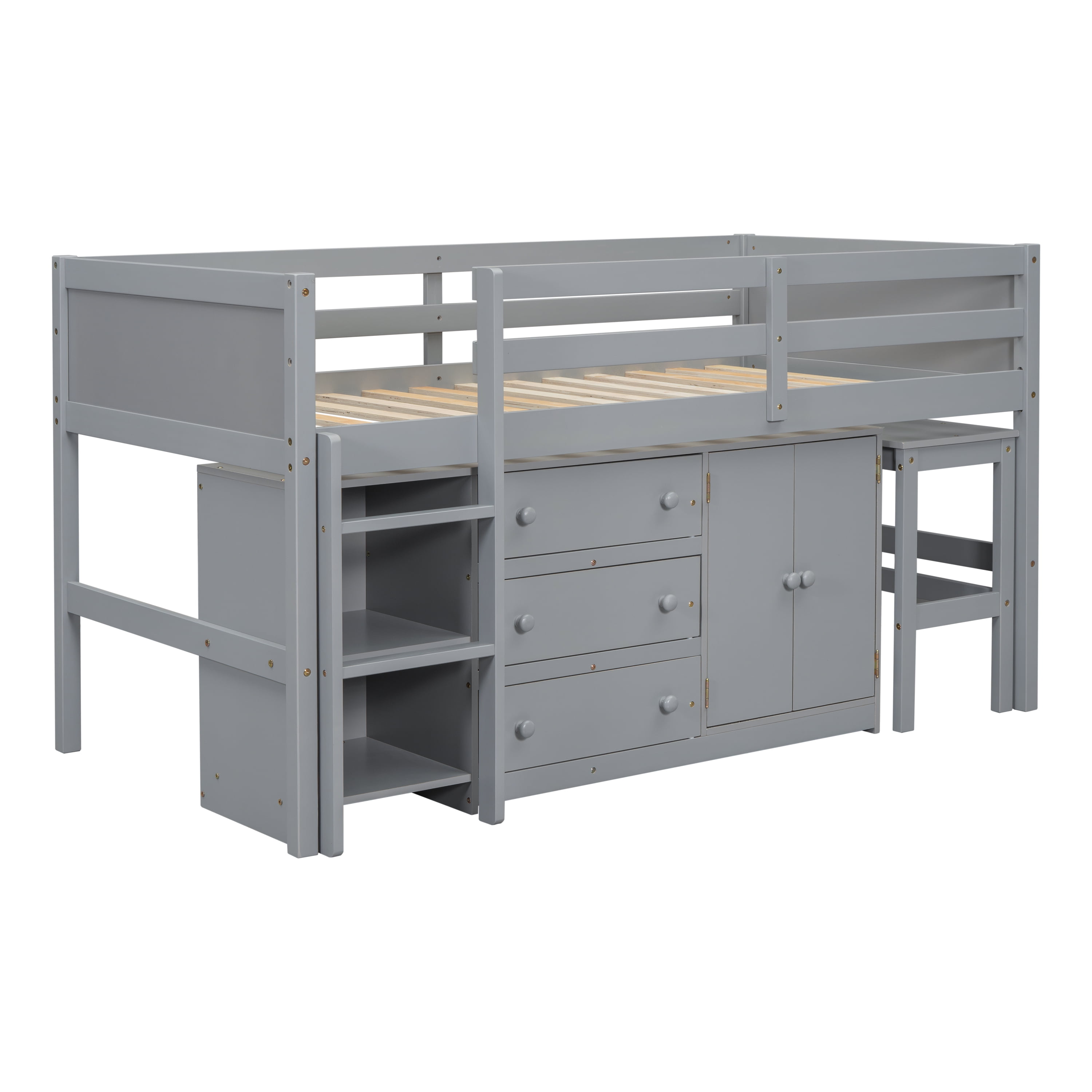Euroco Wood Twin Size Loft Bed Frame with Drawers, Portable Desk and Shelves for Kids