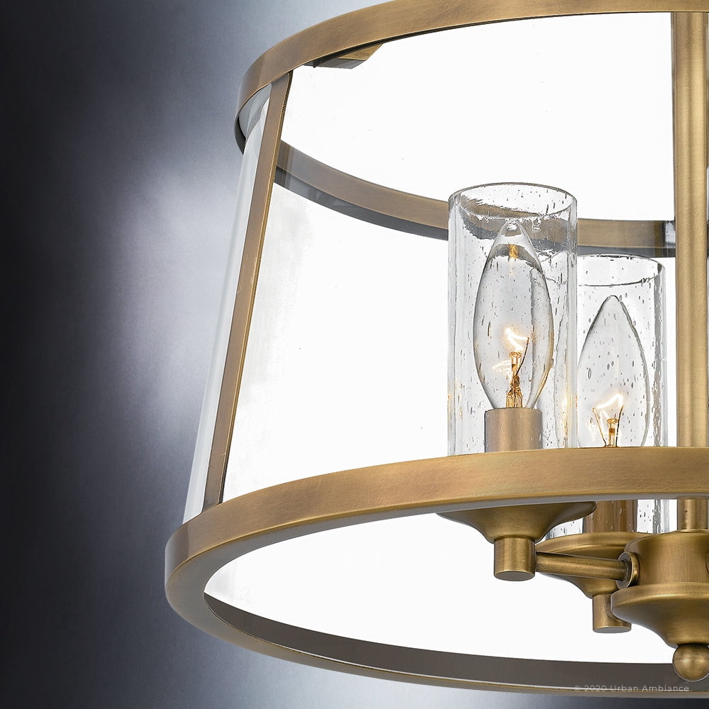Luxury Traditional Indoor Ceiling Light, 14.50''H x 16.00''W, with Colonial Style Elements, English Country Design, Rustic Brass Finish and Clear Glass Drum, Seeded Glass Interior, UQL3650