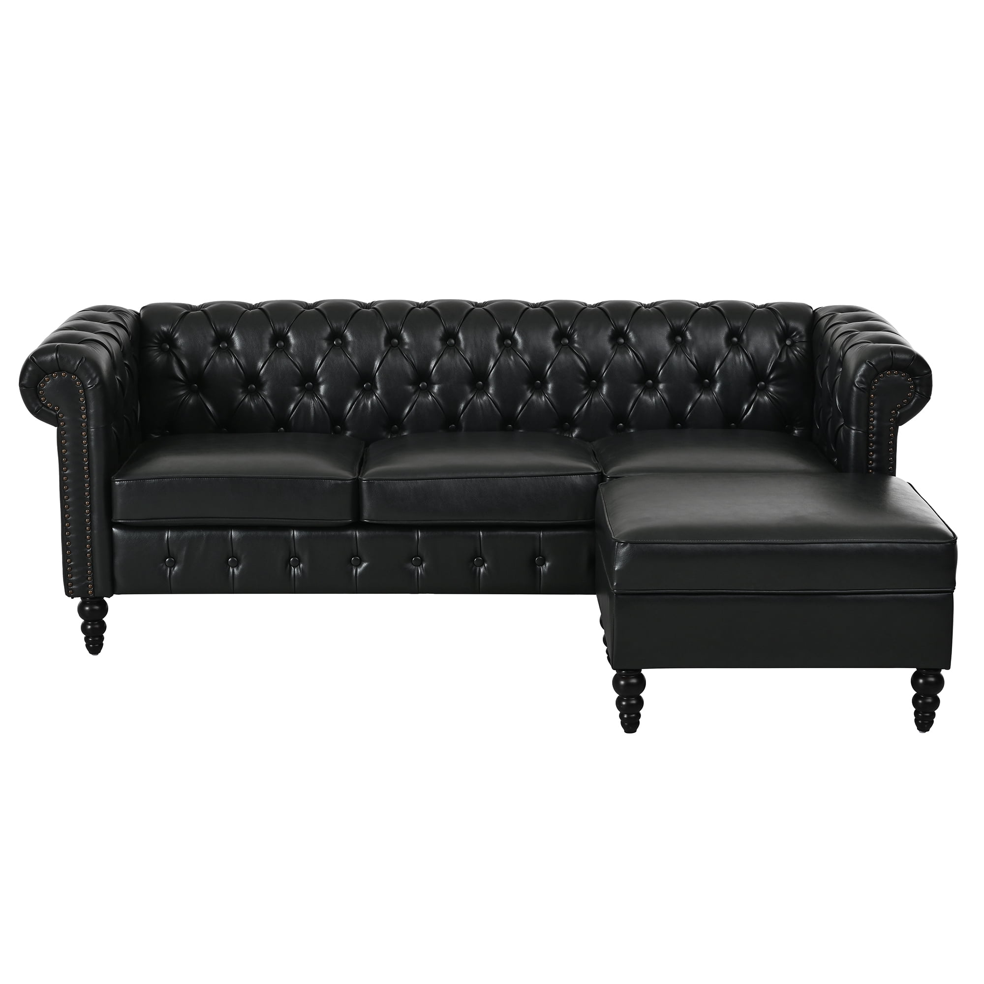 Howcool 85"W Chesterfield Sectional Sofa with Storage Ottoman,L-Shaped Faux Leather Sofa Couch,4-Seater Modular Sofa with Tufted Back & Nailhead Trim for Living Room,Black