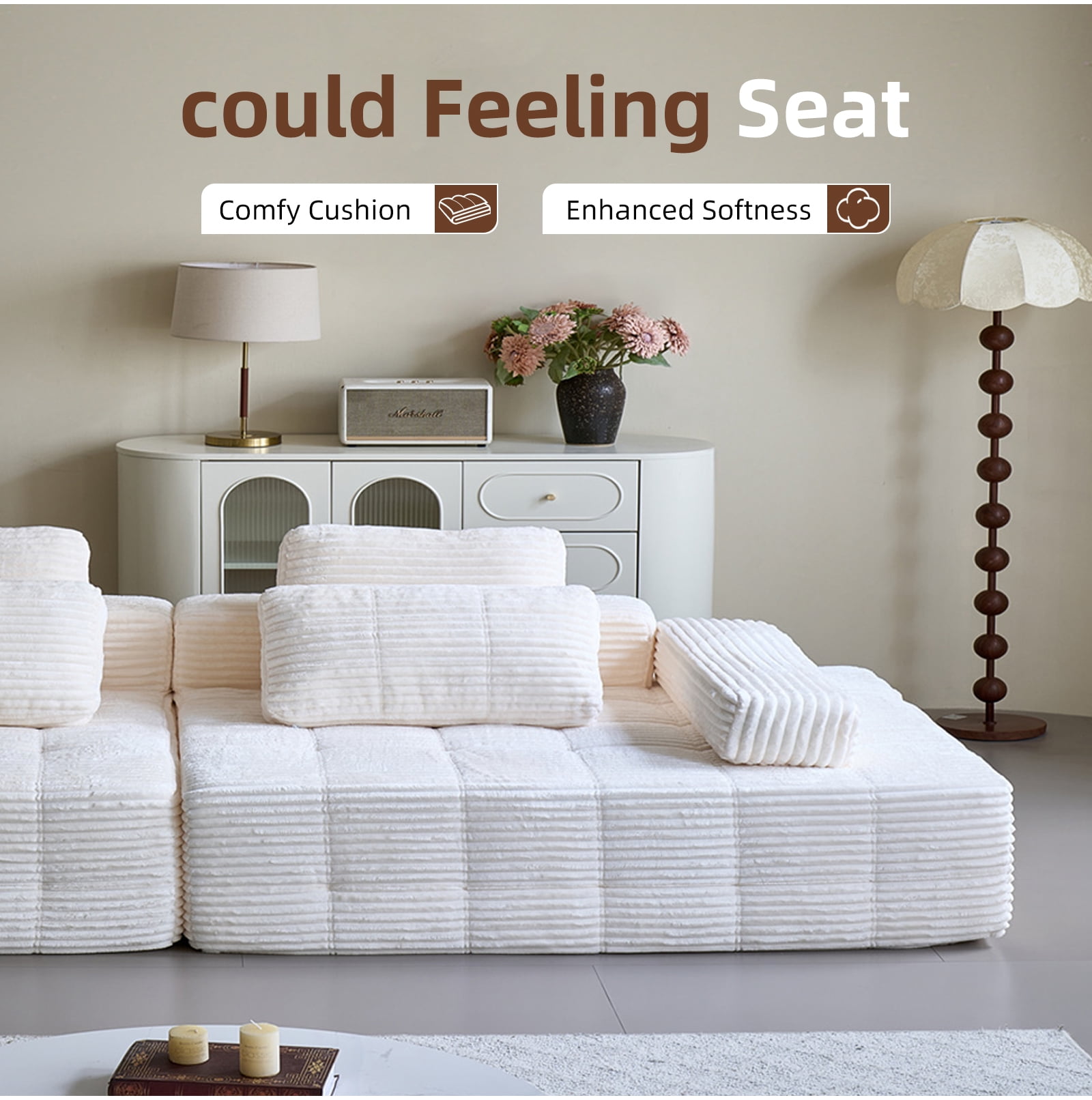 Garaneeds 113" Beige Modular Sectional Sofa for Living Room - Boneless Cloud Couch, No Assembly Required