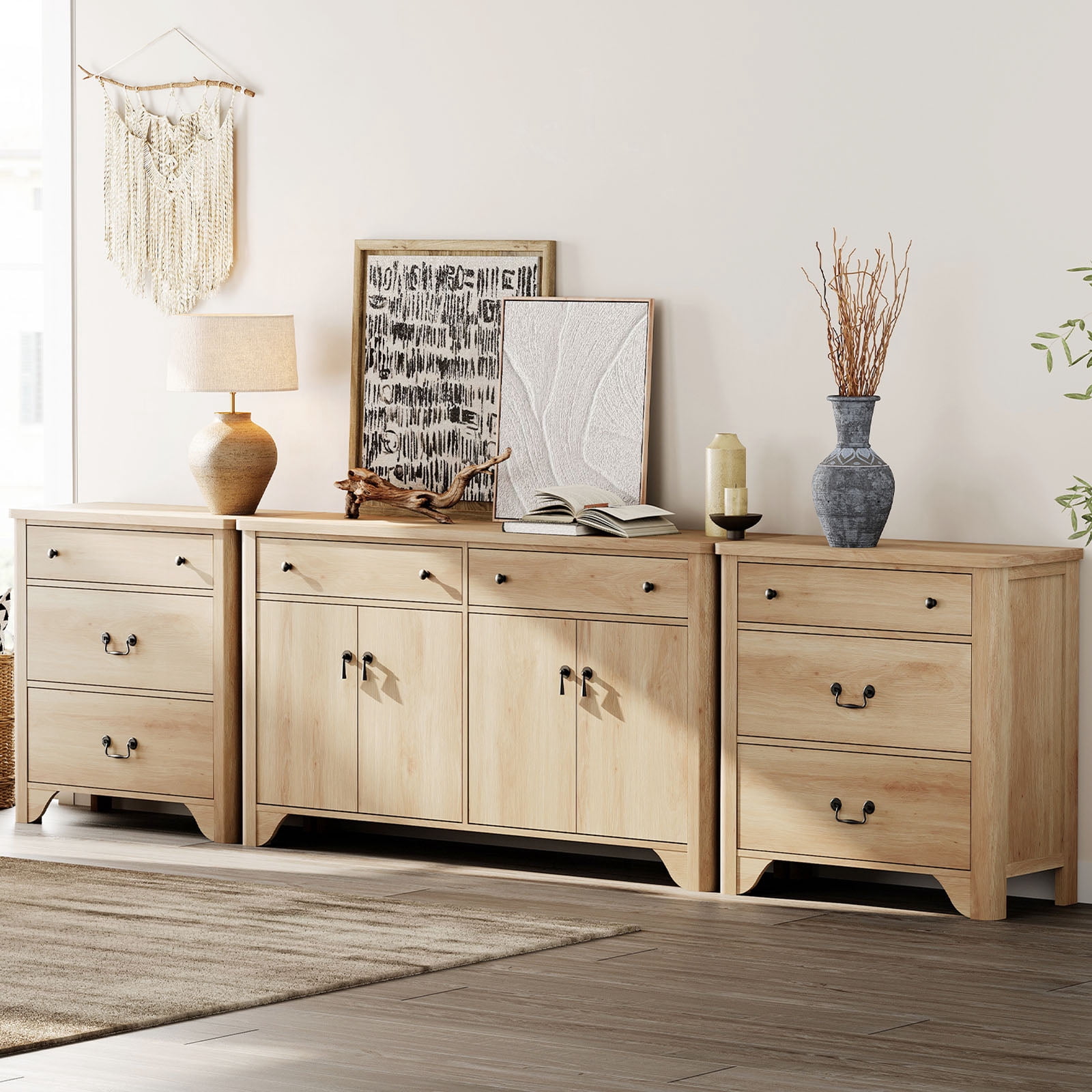 WAMPAT 59" Farmhouse Sideboard Buffet Cabinet with 3-Drawer Dresser Set of 2,Wood Coffee Bar Cabinet with Storage for Bedroom,Kitchen,Entryway,Hallway,and Living Room,Oak
