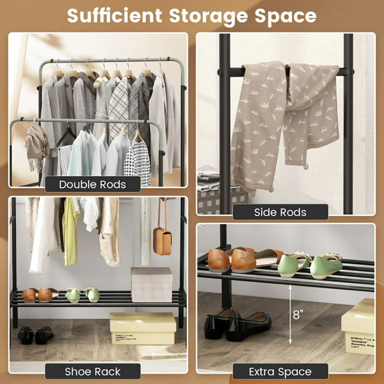 Kadyn Coat and Hat Hanger Organizer Rack Coat Rack Coat Stand Coat Hanger Tree Double Rod Clothes Garment Rack with Adjustable Heights Silver