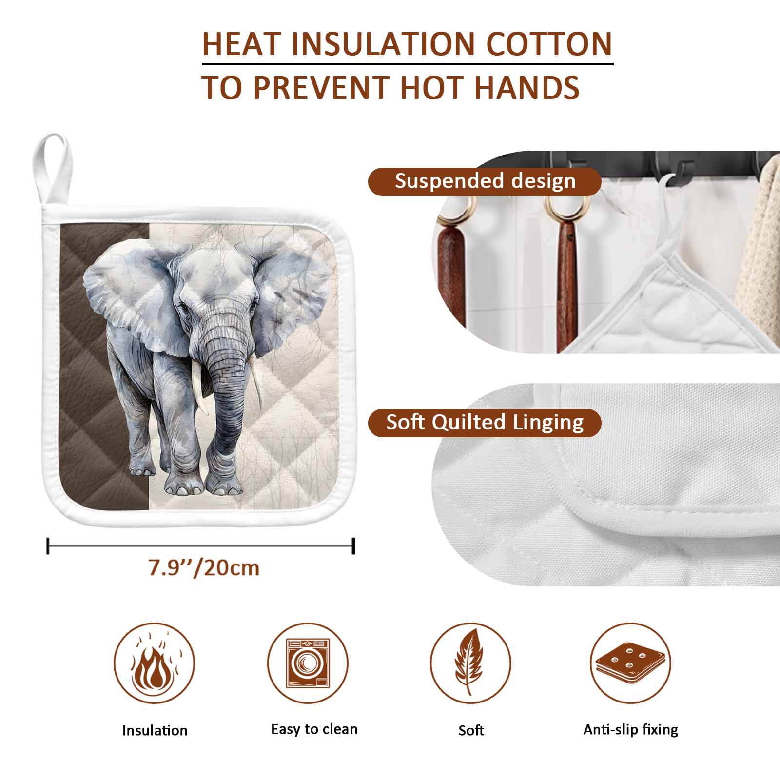 Vintage Elephant Pot Holders for Kitchen Heatproof Potholder, 3 Pack Modern Art Animal Watercolor Hot Pads Multipurpose Oven Pads Cloth Potholders Trivet for Cooking Baking
